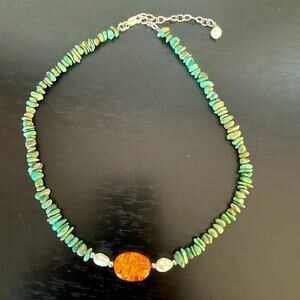 Vintage Genuine Turquoise, Amber, Pearl and Silver Choker